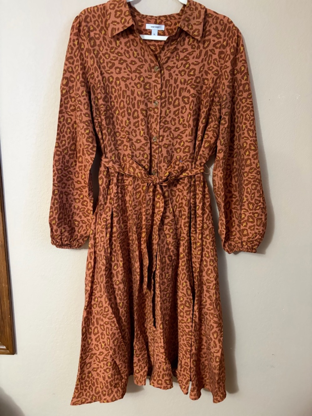 Nine West Leopard Print Gauze Shirt Dress Midi Rust Brown Cotton Blend XL